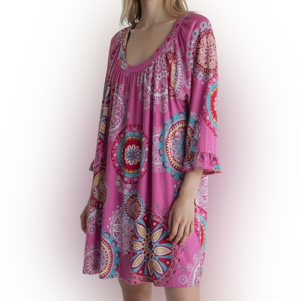VOLL Pink Ruffled colorful Paisley Flutter Sleeve dress